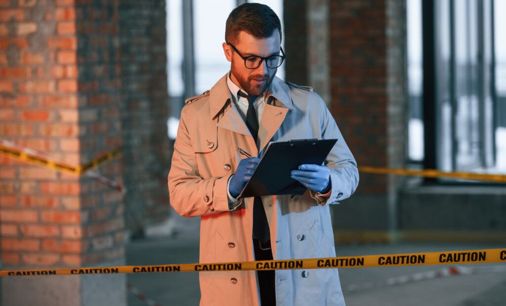 Detective documenting a crime scene behind caution tape, linked to accessory after the fact investigations under the Criminal Code of Canada.