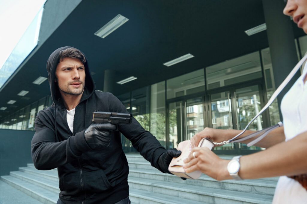 Gunpoint purse theft illustrating robbery vs theft and break-and-enter (burglary) under Canadian criminal law.